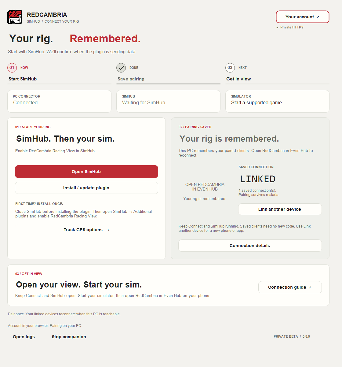 RedCambria Connect with aligned status tiles, a completed pairing step and the next SimHub action highlighted